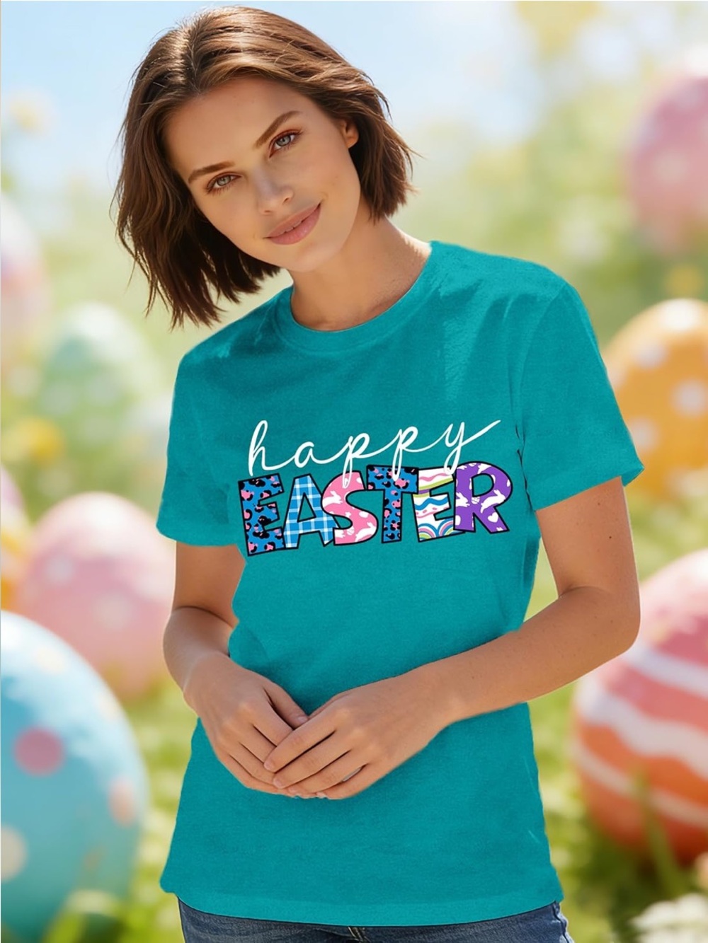 NWT Woman’s Happy Easter Day T-Shirt Leopard Plaid Letters SZ L